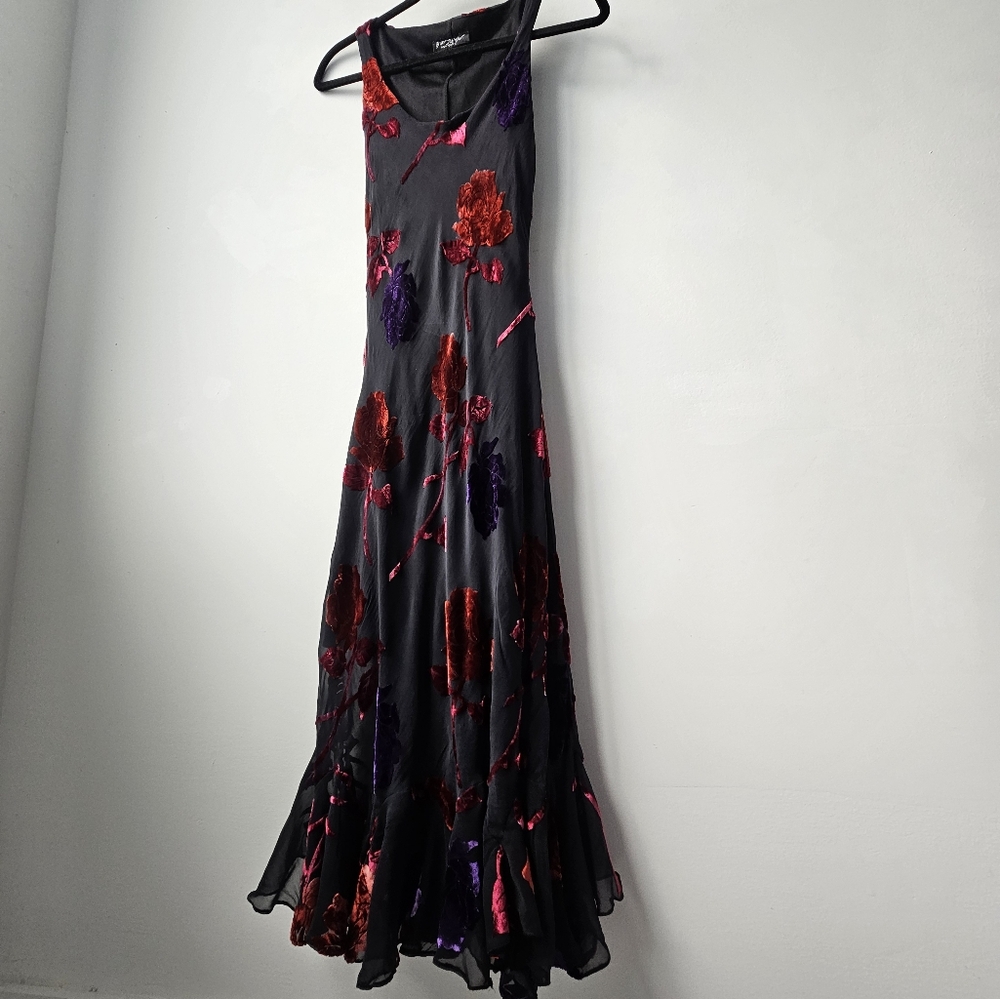 Betsey Johnson Vintage  Black Purple Red Orange Velvet Applique Ruffled Dress - Picture 4 of 16